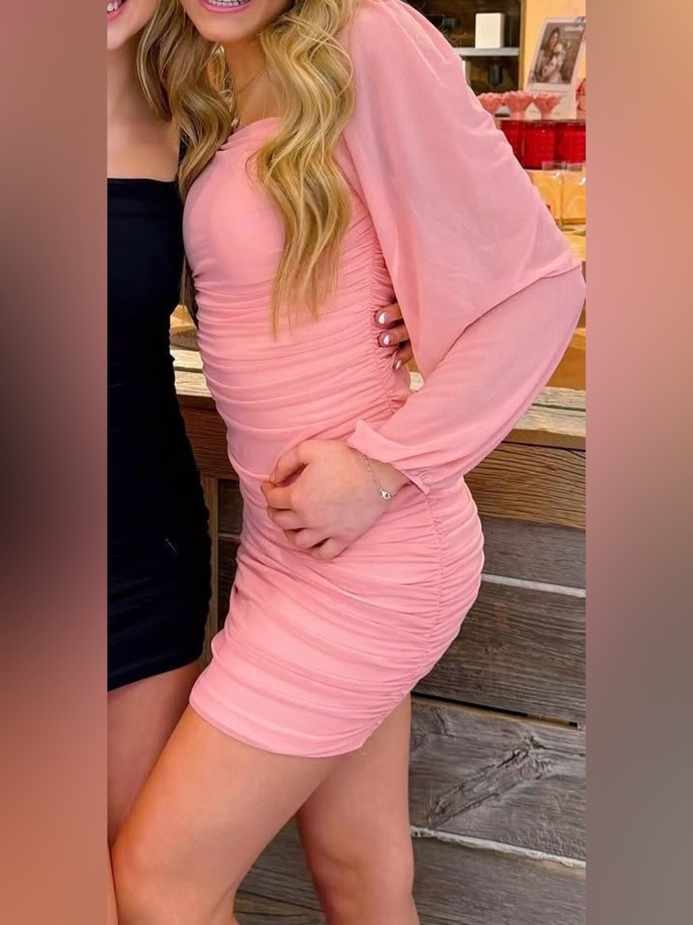 Pink scrunch long sleeve Mini Dress worn once